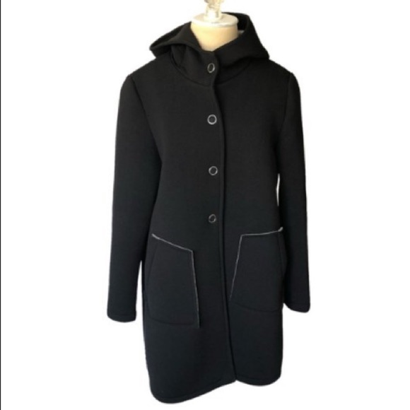 New Collection Italian Black Viscose Neoprene Button Front Coat EUC One Size - Picture 1 of 9